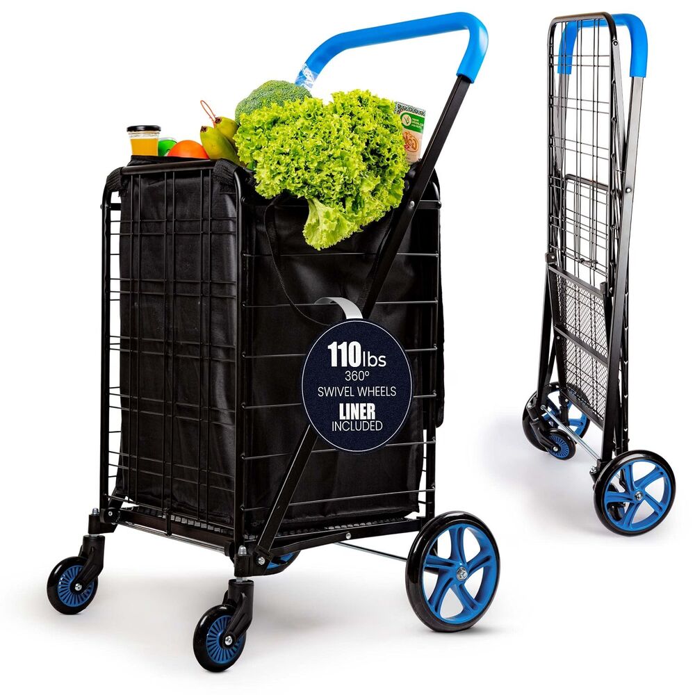 SereneLife Folding Utility Shopping Cart Blue with Removable Liner Heavy Duty